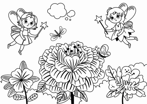 Black and white two fairies flying near flowers. Vector illustration.
