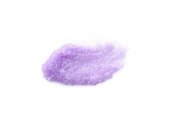 Smear of violet body scrub isolated on white, top view