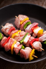 Chicken skewers cooking in a pan. High quality photo.