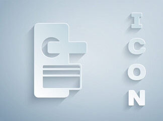 Paper cut Digital door lock with wireless technology for unlock icon isolated on grey background. Door handle sign. Security smart home. Paper art style. Vector