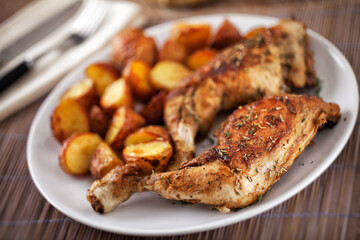 Roast Chicken Thighs with Potatoes on a Plate