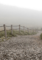 Foggy rocky road with wooden fences