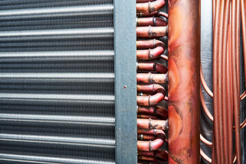 air handling unit Heat Exchanger Condenser Evaporator heating cooling close-up - obrazy, fototapety, plakaty