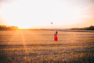 Fille sur un champ de blé au coucher du soleil
