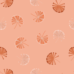 Nature botanic seamless pattern with hand drawn palm licuala ornament. Pink pastel background.