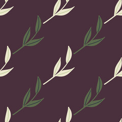 Minimalistic nature style seamless pattern with white and green nordic leaf twigs print. Brown background.