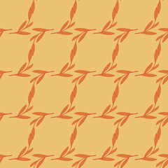 Nature simple seamless pattern with geometric style leaf branches ornament. Orange foliage on beige background.
