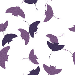 Isolated seamless pattern with underwater purple random stingray ornament. White background.