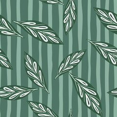 Random herbal seamless pattern with hand drawn geometric leaves ornament. Striped background.