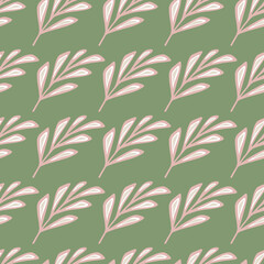 Pastel pink simple stylized branches foliage print. Green pastel background. Scrapbook botanic ornament.