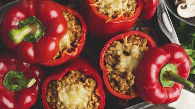 Red peppers stuffed with beef meet and mozarella cheese with herbs and garlic