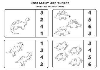 Obraz premium Counting game with cute black and white dinosaurs. Math worksheet.