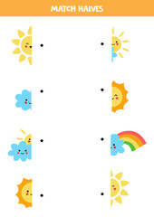 Fototapeta na wymiar Match parts of cute kawaii weather elements. Logical game for children.