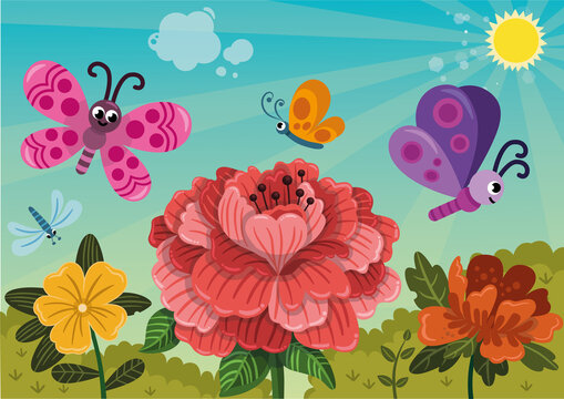 Happy Butterflies Flying Over The Flowers in Springtime. Vector illustration.
