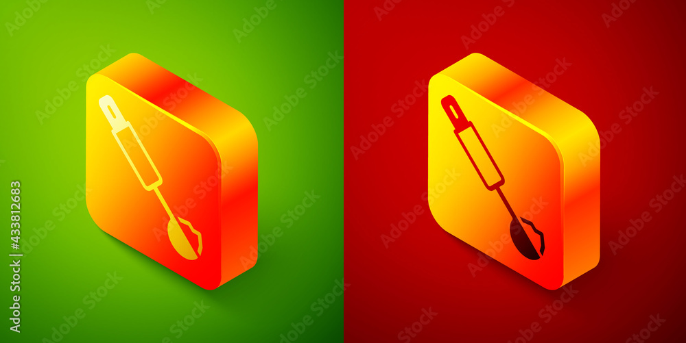 Poster isometric measuring spoon icon isolated on green and red background. square button. vector