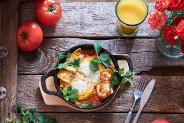 Scrambled eggs with grilled cheese and tomatoes with a glass of orange juice. Wooden background, top view