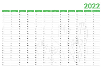 2022 Green planner with hands. Wall yearly calendar design template. Annual worldwide printable wall planner, diary, activity template. - Vector
