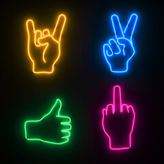 3d render of 4 hand gestures neon signs in pink, blue, yellow, green depicting the sign of victory, ok, f you isolated in black backfround