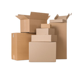Pile of cardboard boxes on white background
