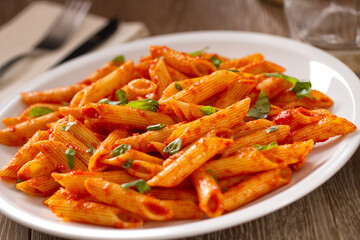 Pasta with Tomato Sauce on a plate. High quality photo.