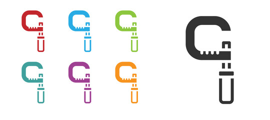 Black Micrometer icon isolated on white background. Measuring engineer tool. Universal device designed to measure linear dimensions. Set icons colorful. Vector