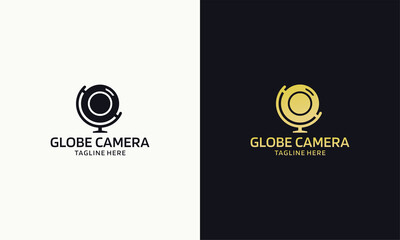 Global camera logo. Camera with globe stand illustration. Camera logo template. Illustration vector