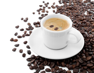 Cup with aromatic coffee and pile of beans on white background