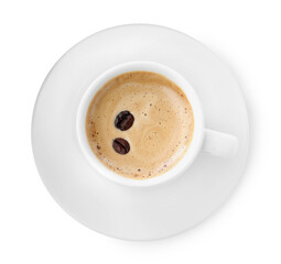 Cup of aromatic coffee with beans isolated on white, top view