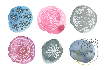 Collection of Abstract bubble watercolor doodle circle blot painting. Texture paper. Isolated on white background..