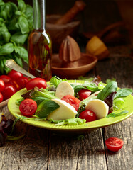 Green salad with mozzarella, tomato and basil.