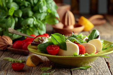 Green salad with mozzarella, tomato, and basil.