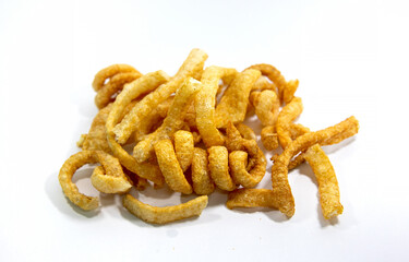 pork snack, pork rind, pork scratching, pork crackling, Asian food isolated on white background