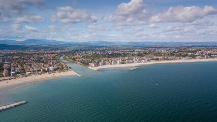 Panoramic view of Rimini, its sea, its beaches and its port on the Romagna Riviera in post-pandemic italy