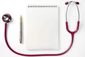 Medical and Health care concept, doctor's stethoscope, Notebook with pen isolated on white background,Art design medicine equipment. Abstract concept graphic element.	
