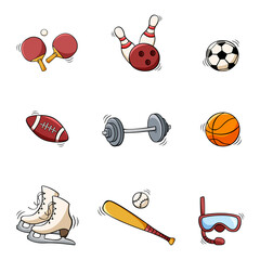 Hand drawn sport equipment icon set in doodle style. Vector illustration isolated on white background.