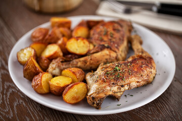 Roast Chicken Thighs with Potatoes on a Plate