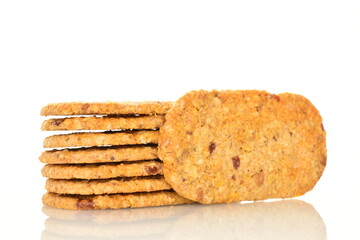 Several cookies with pieces of fruit, close-up, isolated on white.