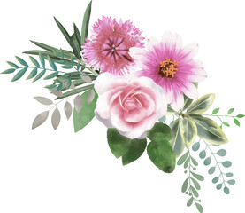 ピンクの花と葉っぱの繊細な装飾　ベクター素材