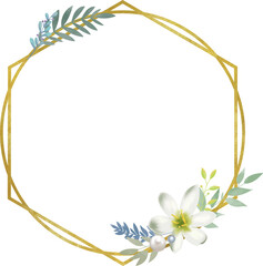 白い花と真珠・リーフの飾りがついたゴールドの円形フレーム　ベクター素材