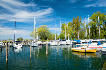Fototapeta na wymiar Lochau harbor facility on Lake Constance