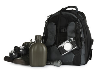 Naklejka premium Set of camping equipment for tourist on white background