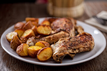 Roast Chicken Thighs with Potatoes on a Plate