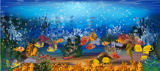 Beautiful underwater wallpaper with fish, algae, vector illustration