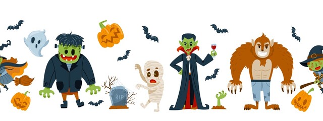 Seamless border with cute Halloween characters. Dracula, the mummy, Frankenstein, the werewolf. Isolated on a white background. Vector illustration