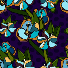 Vector pattern of plants in stained glass style. Seamless pattern of blue flowers on a purple background. Stained glass style.