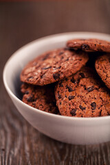 Chocolate chip cookies on a bowl. High quality photo.