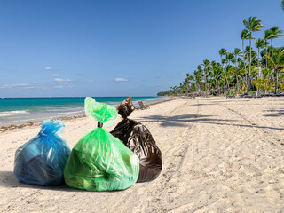 Gathered garbage on sea coast. Ecology concept