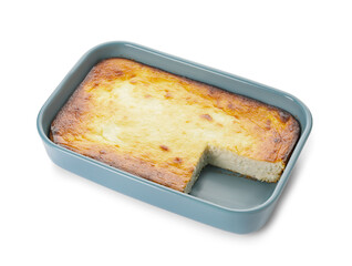 Dish with tasty cottage cheese casserole on white background