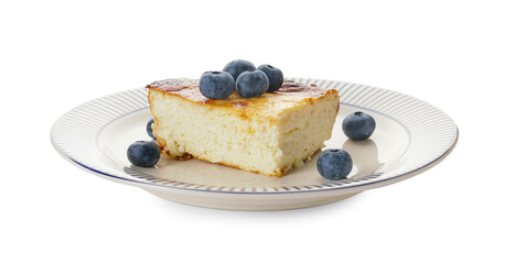 Plate with piece of cottage cheese casserole on white background