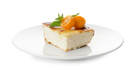 Plate with piece of cottage cheese casserole on white background